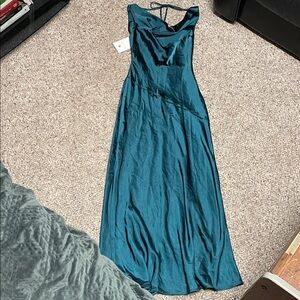 Satin cowl neck Elegant Teal Evening Gown with low cut and tie back